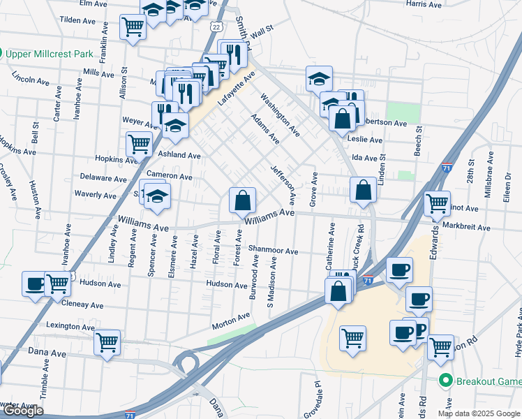 map of restaurants, bars, coffee shops, grocery stores, and more near 4128 Forest Avenue in Cincinnati