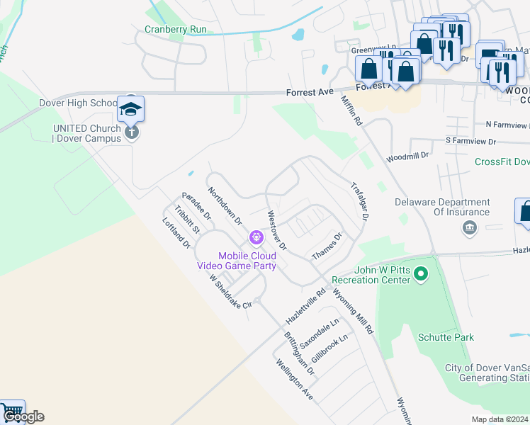 map of restaurants, bars, coffee shops, grocery stores, and more near 500 Fairnest Court in Dover