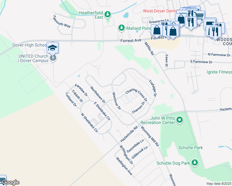 map of restaurants, bars, coffee shops, grocery stores, and more near 113 Westover Drive in Dover