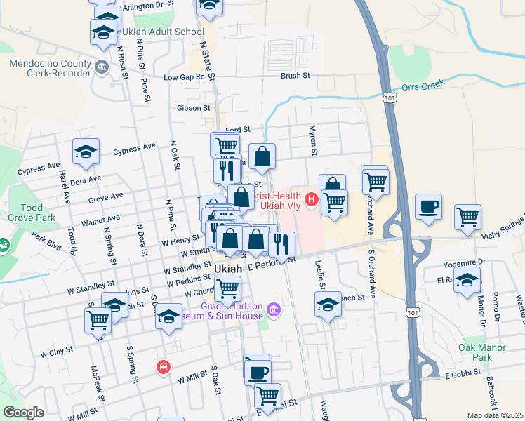 map of restaurants, bars, coffee shops, grocery stores, and more near 224 Mason Street in Ukiah