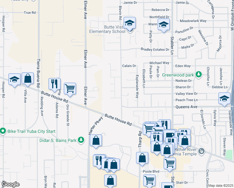 map of restaurants, bars, coffee shops, grocery stores, and more near 1759 Domain Way in Yuba City
