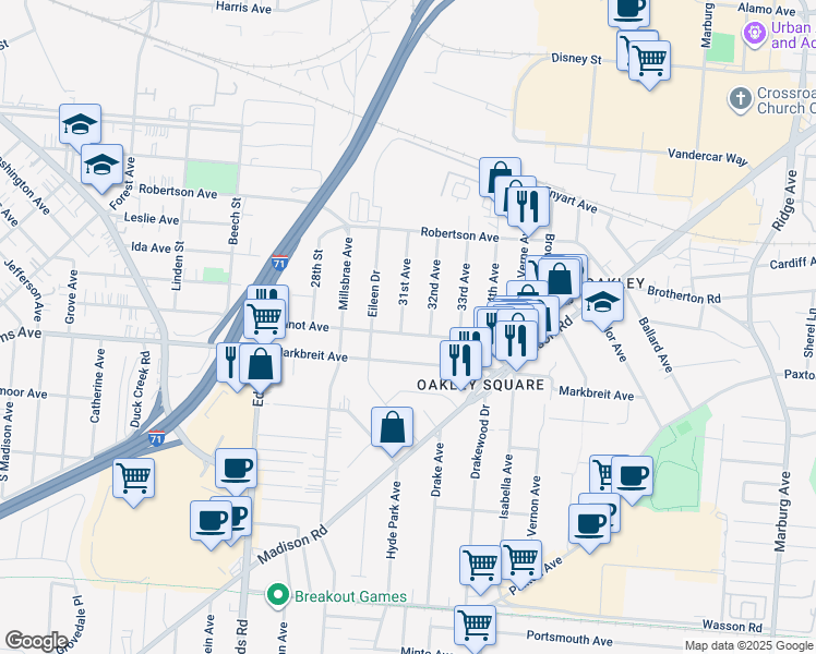 map of restaurants, bars, coffee shops, grocery stores, and more near 2832 Minot Avenue in Cincinnati