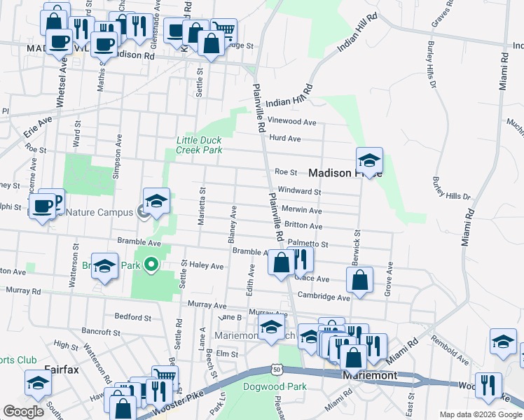 map of restaurants, bars, coffee shops, grocery stores, and more near 6751 Merwin Avenue in Cincinnati