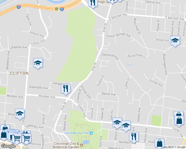 map of restaurants, bars, coffee shops, grocery stores, and more near 3766 Vine Street in Cincinnati