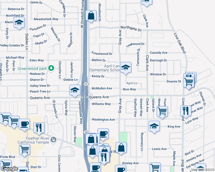 map of restaurants, bars, coffee shops, grocery stores, and more near 1181 McMullen Avenue in Yuba City