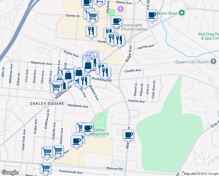 map of restaurants, bars, coffee shops, grocery stores, and more near 3310 Bach Avenue in Cincinnati