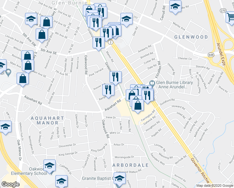 map of restaurants, bars, coffee shops, grocery stores, and more near 101 Range Road in Glen Burnie