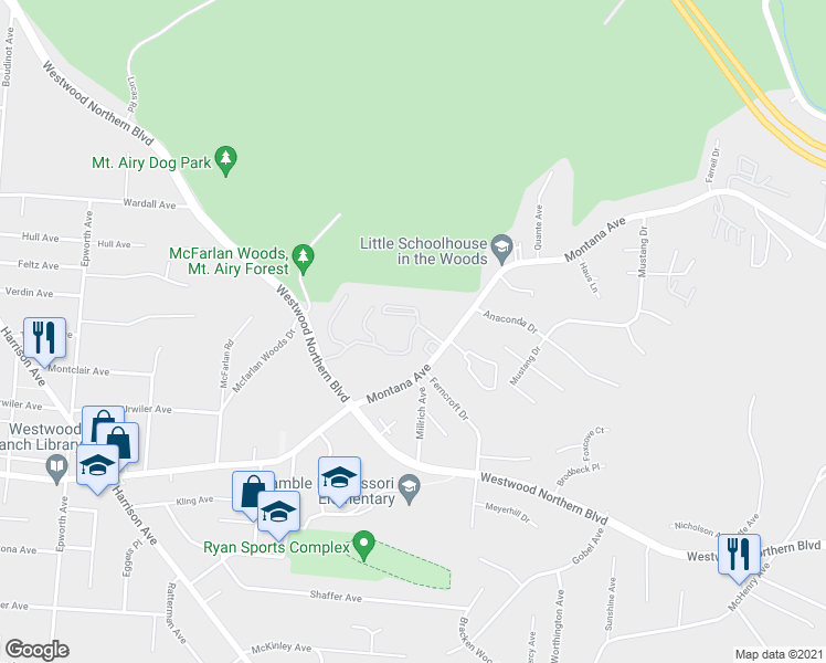 map of restaurants, bars, coffee shops, grocery stores, and more near 1111 Vienna Woods Drive in Cincinnati