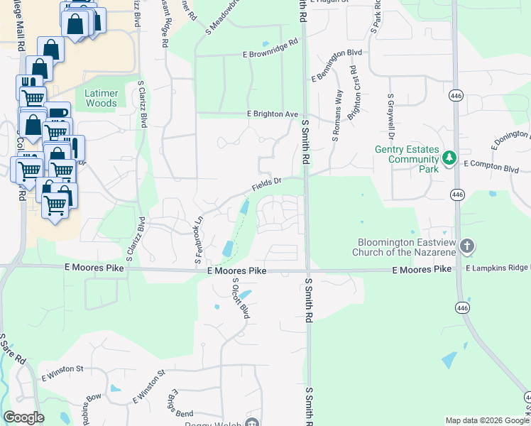 map of restaurants, bars, coffee shops, grocery stores, and more near 1277 Cobble Creek Circle in Bloomington
