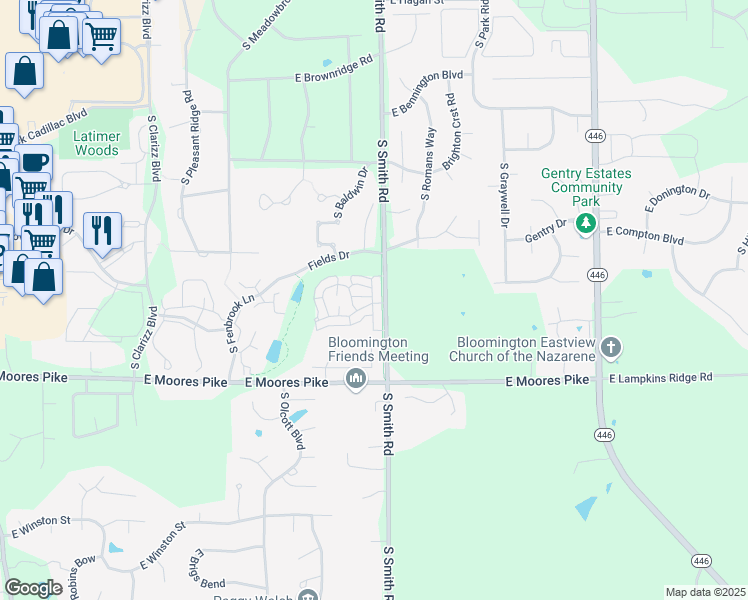 map of restaurants, bars, coffee shops, grocery stores, and more near 1305 South Stella Drive in Bloomington