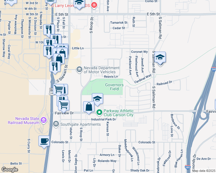 map of restaurants, bars, coffee shops, grocery stores, and more near 500 Evalyn Drive in Carson City