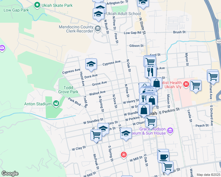 map of restaurants, bars, coffee shops, grocery stores, and more near 602 Walnut Avenue in Ukiah