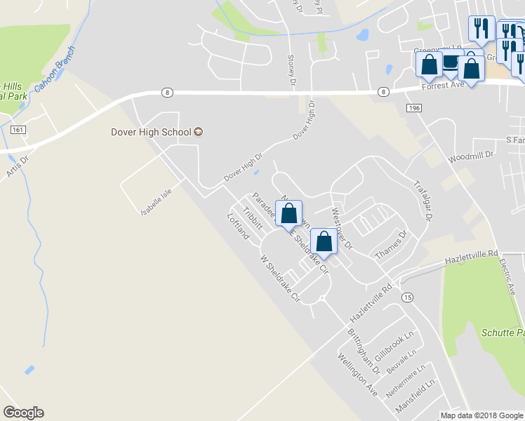 map of restaurants, bars, coffee shops, grocery stores, and more near 352 Paradee Drive in Dover