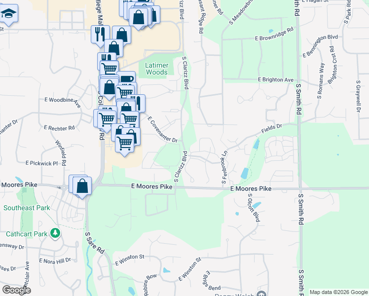 map of restaurants, bars, coffee shops, grocery stores, and more near 3405 East Covenanter Drive in Bloomington
