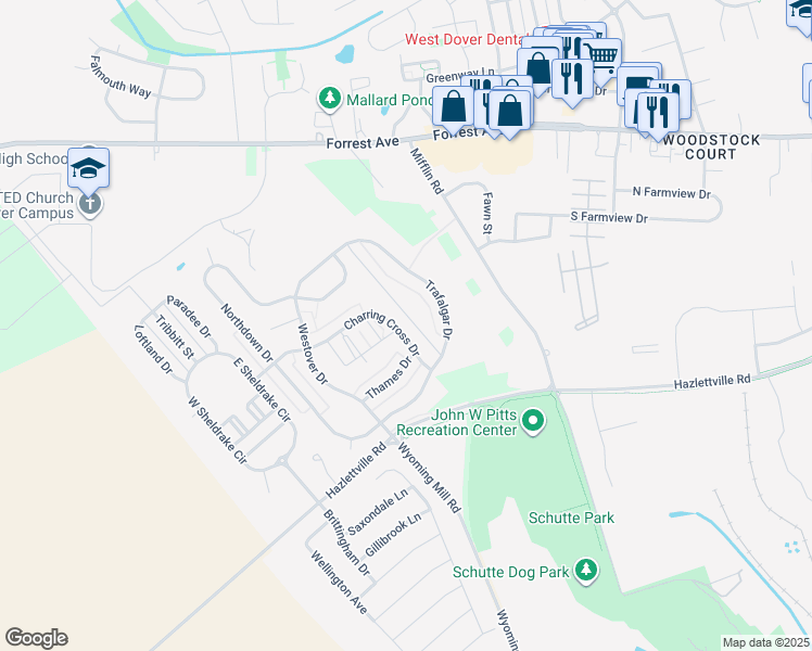 map of restaurants, bars, coffee shops, grocery stores, and more near 223 Charring Cross Drive in Dover