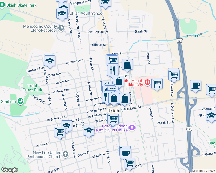map of restaurants, bars, coffee shops, grocery stores, and more near 456 North State Street in Ukiah
