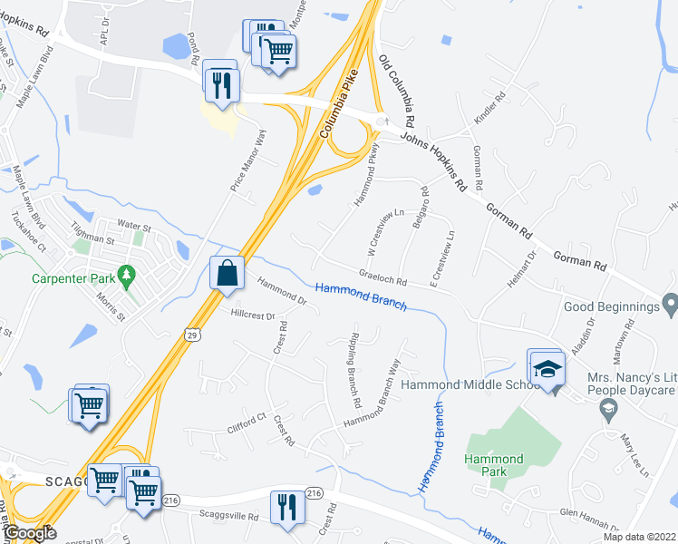 map of restaurants, bars, coffee shops, grocery stores, and more near 10813 Graeloch Road in Laurel