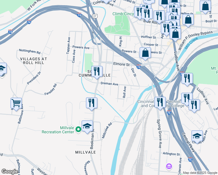 map of restaurants, bars, coffee shops, grocery stores, and more near 3641 Borden Street in Cincinnati