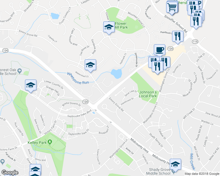 map of restaurants, bars, coffee shops, grocery stores, and more near 8436 Meadow Green Way in Gaithersburg