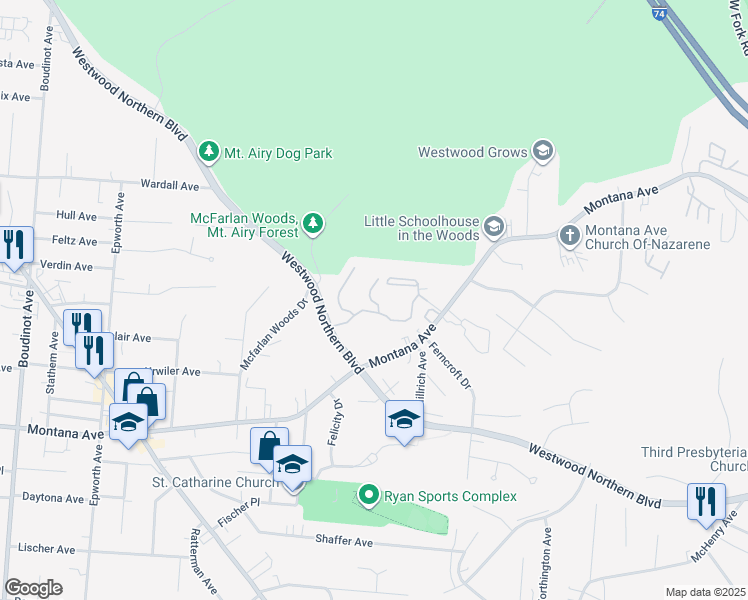 map of restaurants, bars, coffee shops, grocery stores, and more near 2678 Montana Avenue in Cincinnati