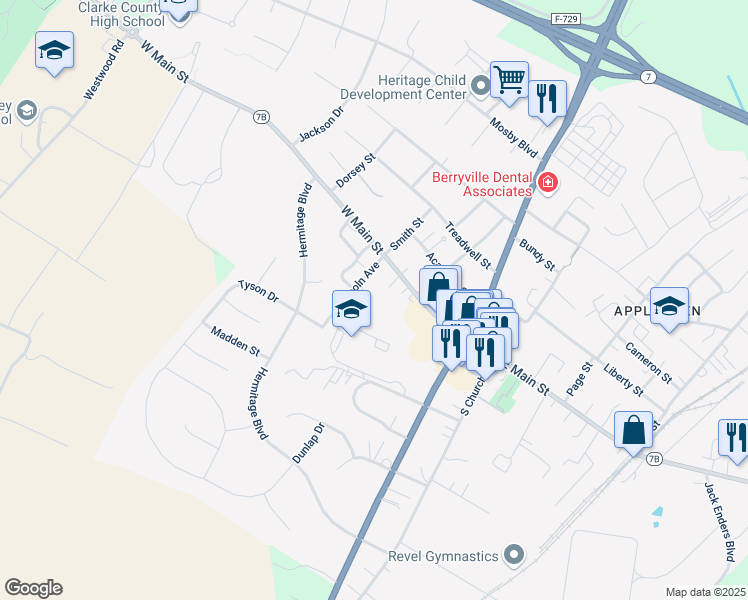 map of restaurants, bars, coffee shops, grocery stores, and more near 20 Lincoln Avenue in Berryville