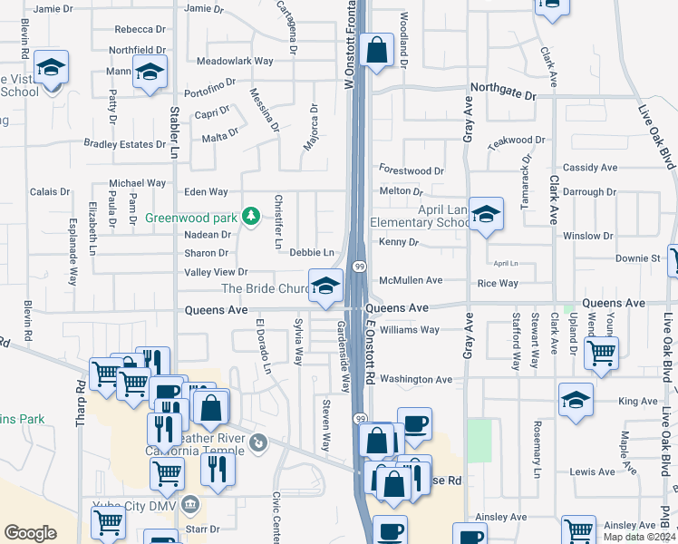 map of restaurants, bars, coffee shops, grocery stores, and more near 1775 West Onstott Frontage Road in Yuba City