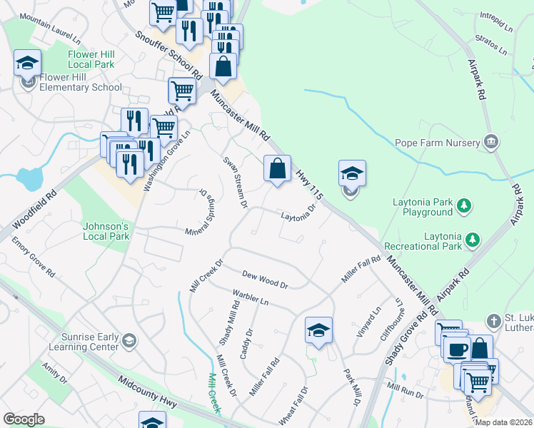 map of restaurants, bars, coffee shops, grocery stores, and more near 7628 Laytonia Drive in Gaithersburg