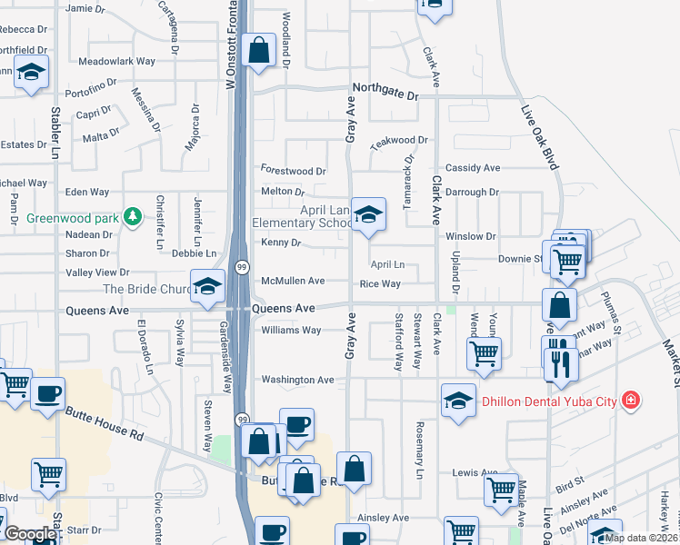map of restaurants, bars, coffee shops, grocery stores, and more near 1524 Gray Avenue in Yuba City