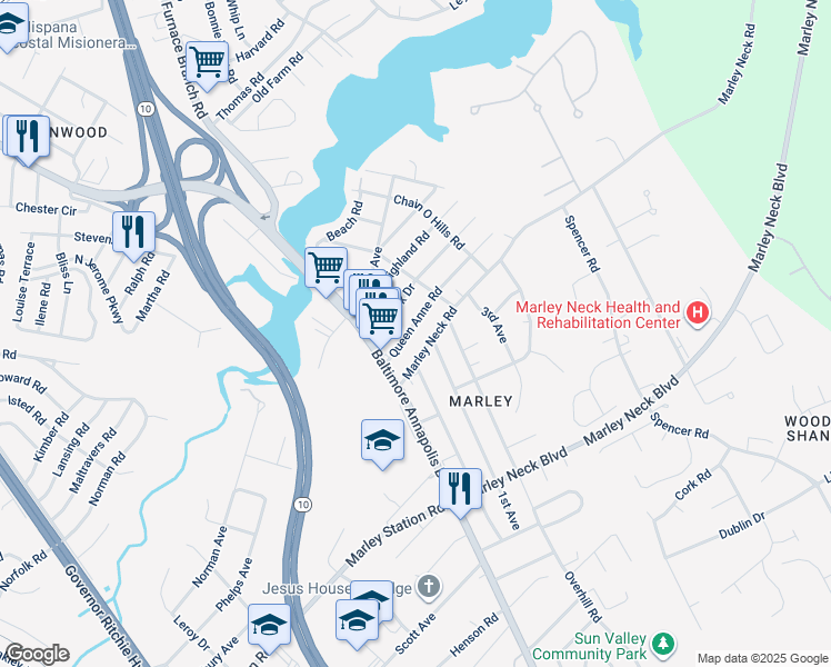 map of restaurants, bars, coffee shops, grocery stores, and more near 14 Queen Anne Road in Glen Burnie