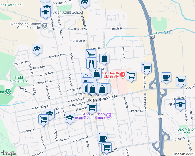 map of restaurants, bars, coffee shops, grocery stores, and more near 329 North Main Street in Ukiah