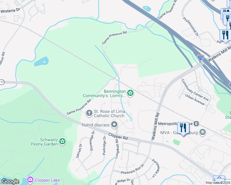 map of restaurants, bars, coffee shops, grocery stores, and more near 4 Honey Brook Lane in Gaithersburg