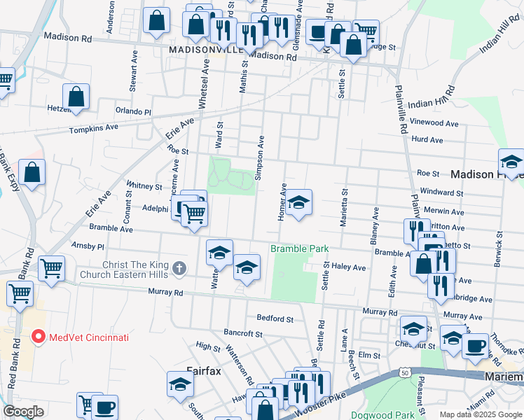 map of restaurants, bars, coffee shops, grocery stores, and more near 4402 Simpson Avenue in Cincinnati