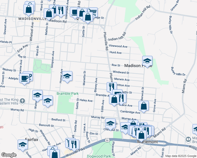 map of restaurants, bars, coffee shops, grocery stores, and more near 6705 Merwin Avenue in Cincinnati