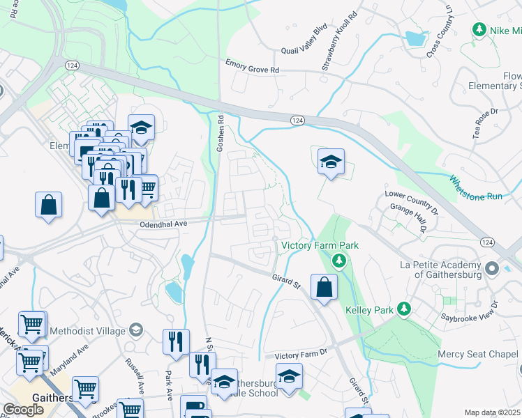 map of restaurants, bars, coffee shops, grocery stores, and more near 604 Whetstone Glen Street in Gaithersburg