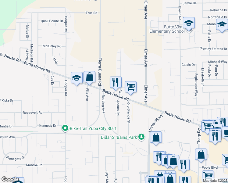 map of restaurants, bars, coffee shops, grocery stores, and more near 2395 Butte House Road in Yuba City