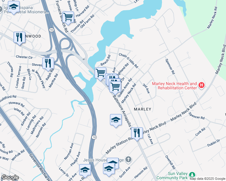 map of restaurants, bars, coffee shops, grocery stores, and more near 7697 Baltimore Annapolis Boulevard in Glen Burnie