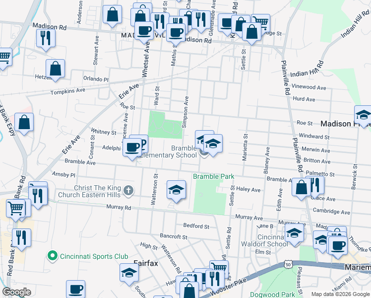 map of restaurants, bars, coffee shops, grocery stores, and more near 4402 Simpson Avenue in Cincinnati