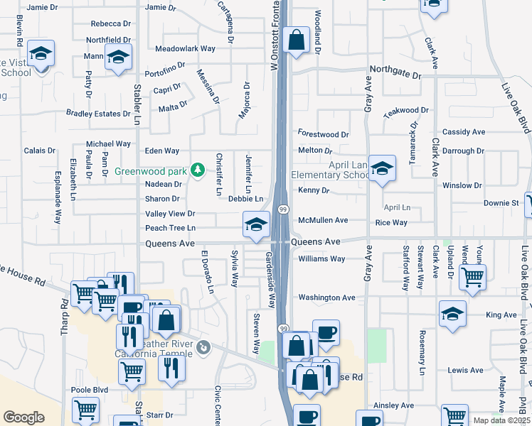 map of restaurants, bars, coffee shops, grocery stores, and more near 1775 West Onstott Road in Yuba City