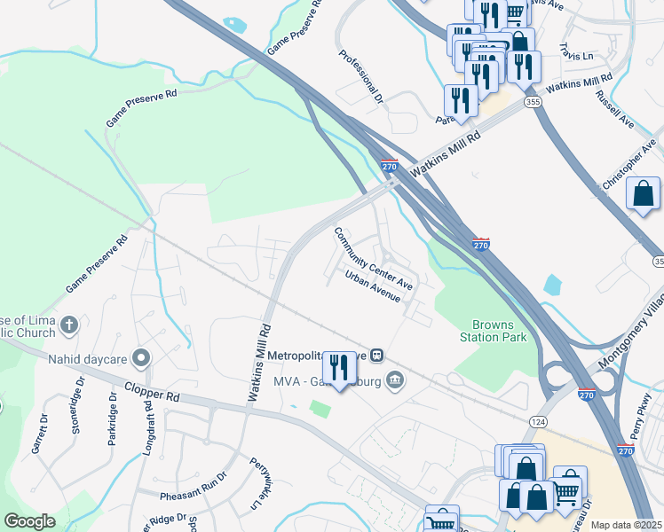 map of restaurants, bars, coffee shops, grocery stores, and more near 400 Grand Street in Gaithersburg