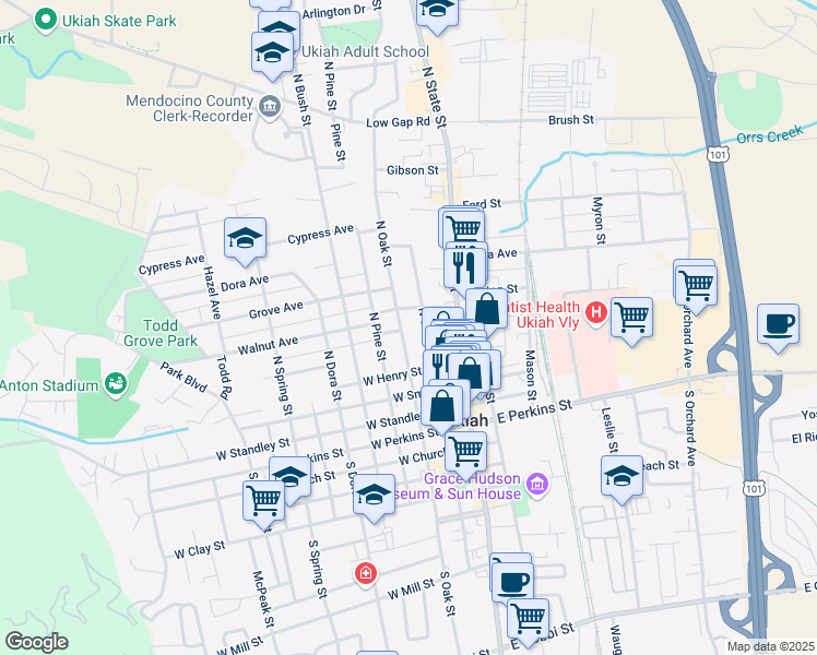 map of restaurants, bars, coffee shops, grocery stores, and more near 501 North Oak Street in Ukiah