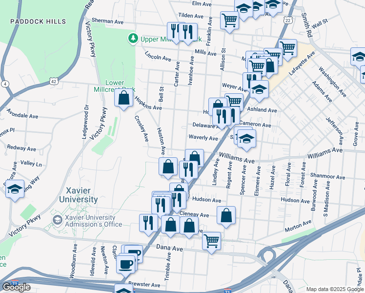 map of restaurants, bars, coffee shops, grocery stores, and more near 4005 Ivanhoe Avenue in Cincinnati