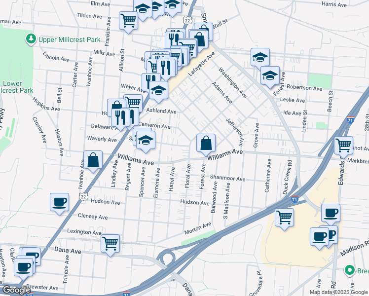 map of restaurants, bars, coffee shops, grocery stores, and more near 4119 Floral Avenue in Cincinnati