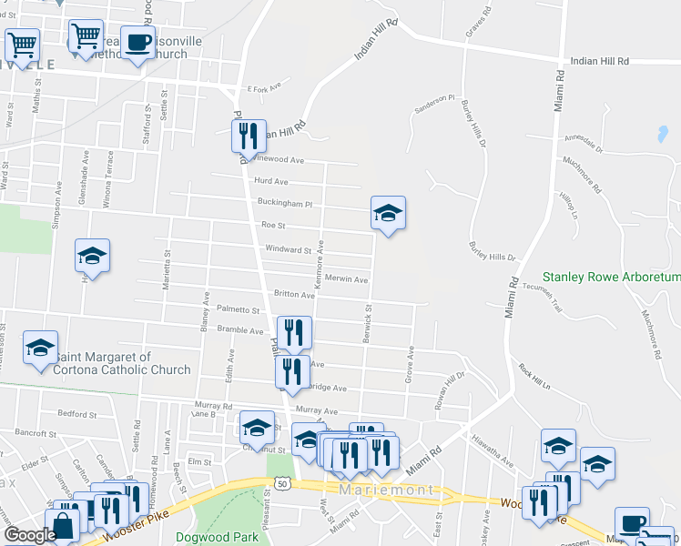 map of restaurants, bars, coffee shops, grocery stores, and more near 6914 Merwin Avenue in Cincinnati