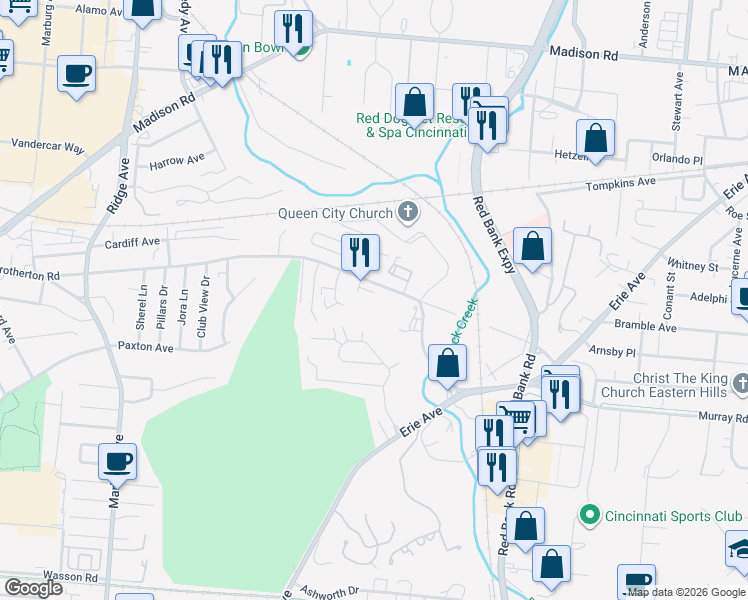 map of restaurants, bars, coffee shops, grocery stores, and more near 3815 Brotherton Road in Cincinnati