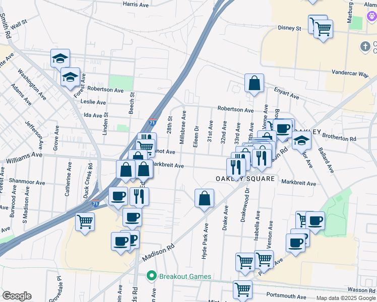 map of restaurants, bars, coffee shops, grocery stores, and more near 4101 Eileen Drive in Cincinnati
