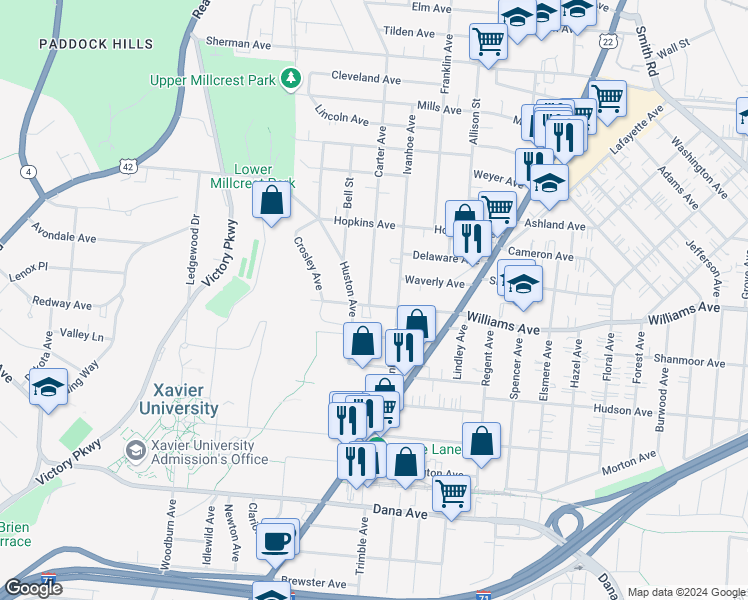 map of restaurants, bars, coffee shops, grocery stores, and more near 4005 Ivanhoe Avenue in Cincinnati