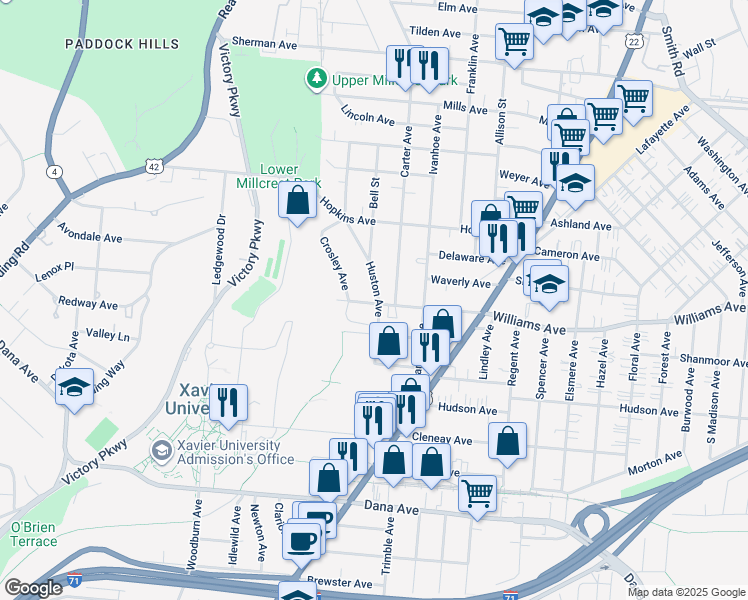map of restaurants, bars, coffee shops, grocery stores, and more near 1802 Williams Avenue in Cincinnati