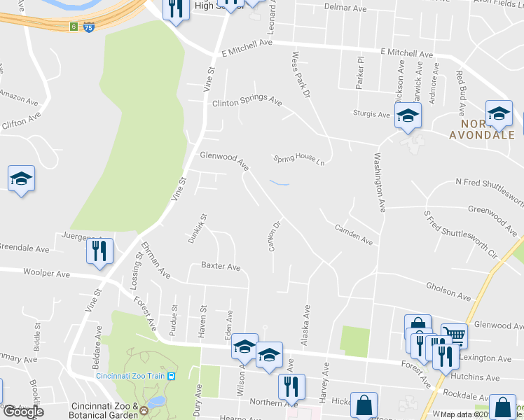 map of restaurants, bars, coffee shops, grocery stores, and more near 217 Glenwood Avenue in Cincinnati