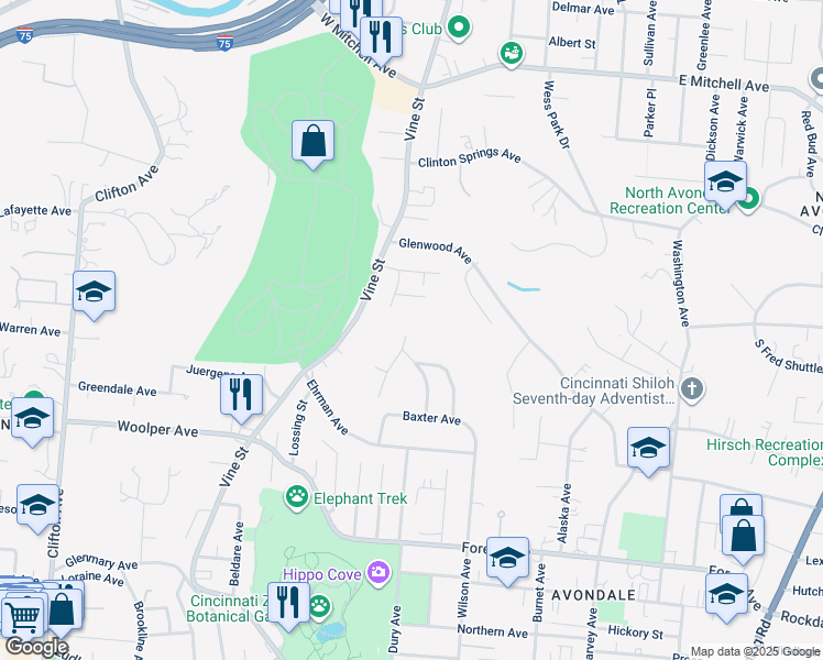 map of restaurants, bars, coffee shops, grocery stores, and more near 3757 Dunkirk Street in Cincinnati