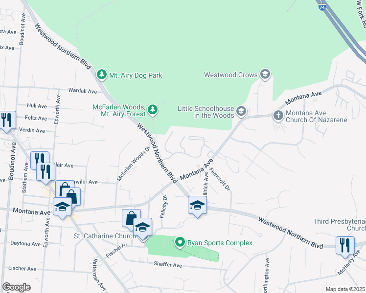 map of restaurants, bars, coffee shops, grocery stores, and more near 2678 Montana Avenue in Cincinnati